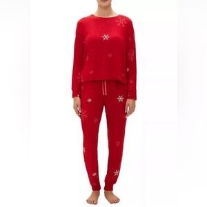 GAP GapBody Pajamas 2 Pc Set Long Sleeve Jogger Style  Modern Red Snowflake NEW